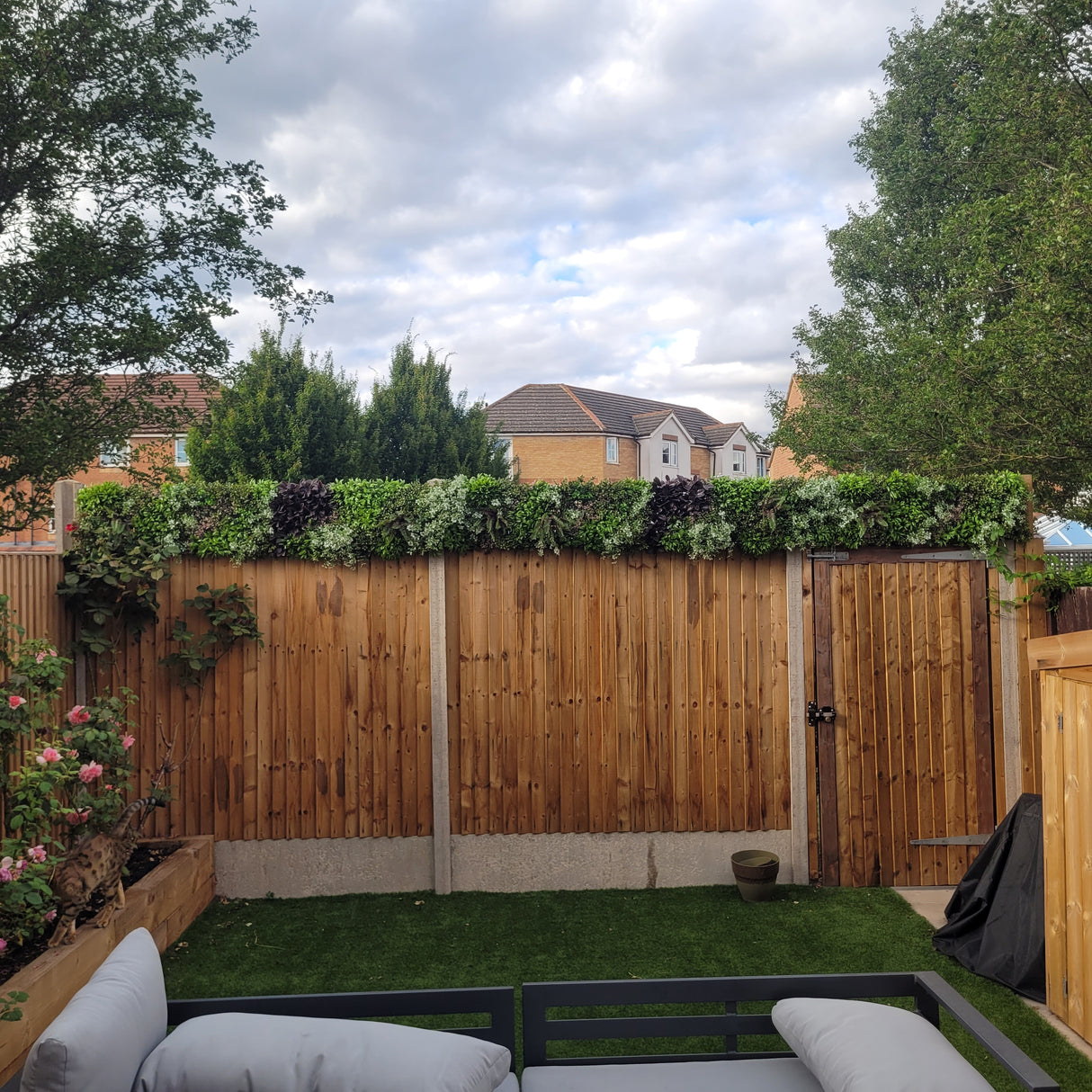 Artificial green wall panel with mixed green, burgundy and white tipped trailing plants 100x100 cm