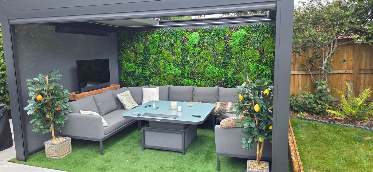 FR Artificial green wall panel with mixed green foliage and white & yellow flowers  100x100 cm