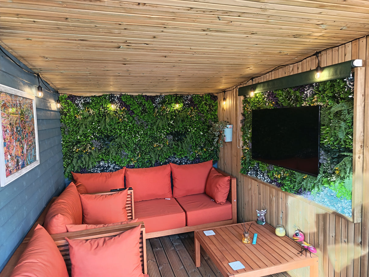 Artificial green wall 1m2 panel with mixed green, white and purple plants