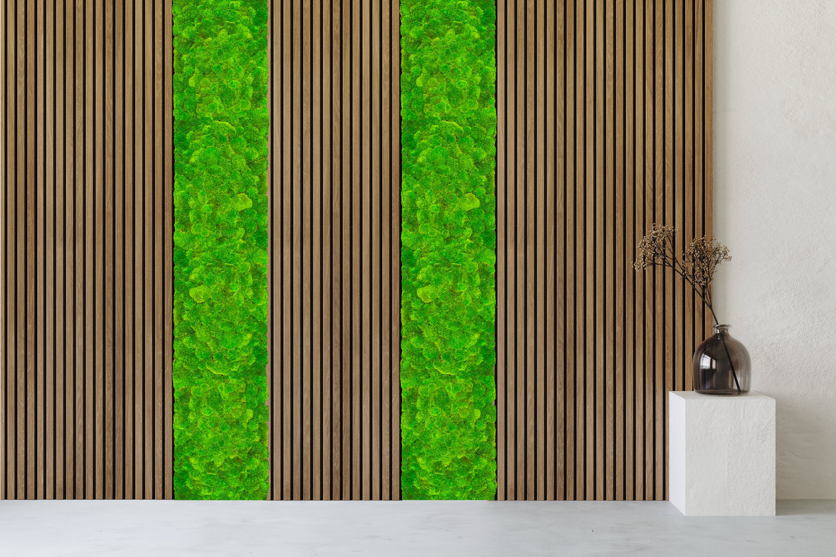 Forest green moss wall strip panel mounted between vertical wooden slats