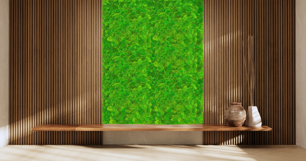 Forest green moss wall panel feature between warm wood vertical strips