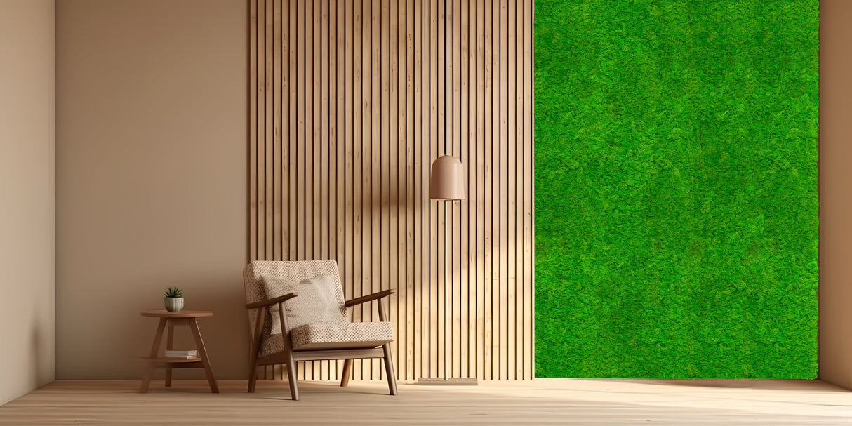 Forest green preserved reindeer moss wall panel with self-adhesive backing