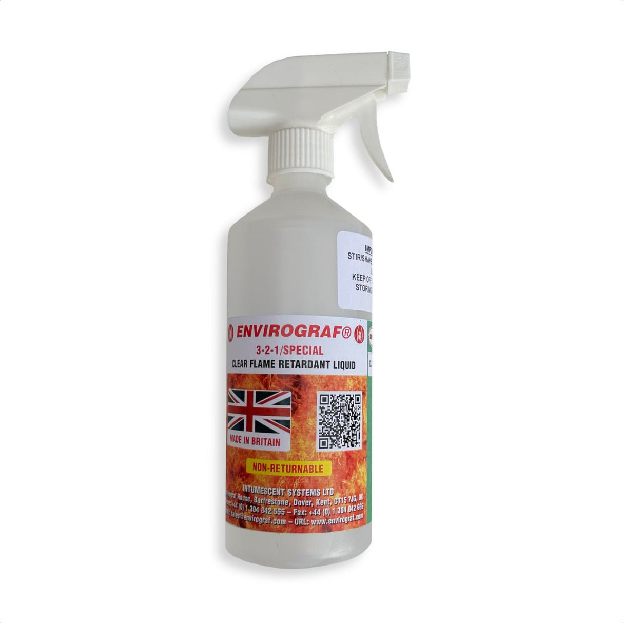 Flame retardant spray bottle for plastic with white trigger sprayer