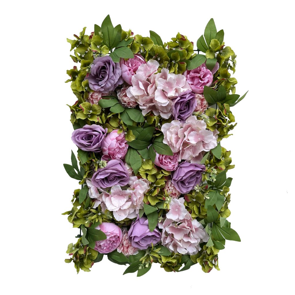 Flower mat with lilac and pink peonies, roses, hydrangea, and green foliage (40x60 cm)