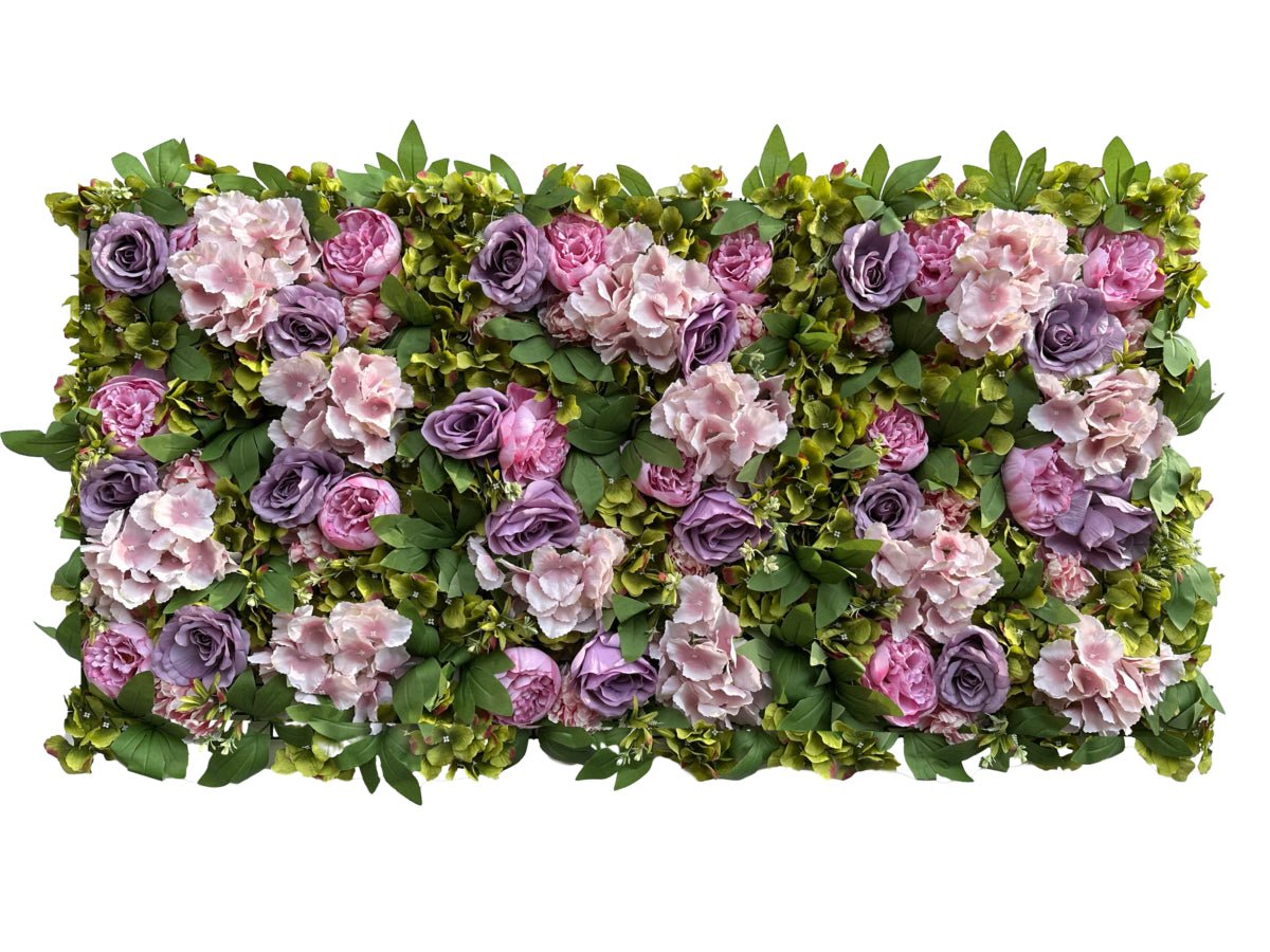Flower mat border with purple and pink roses, peonies, hydrangea flowers and green foliage (40x60 cm)