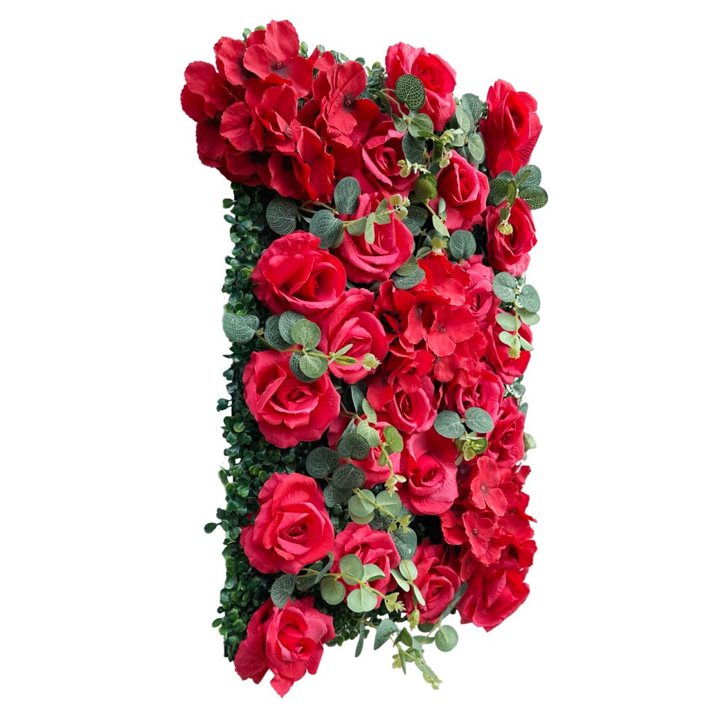 Red rose and hydrangea flower mat with dense red roses and green leaf accents
