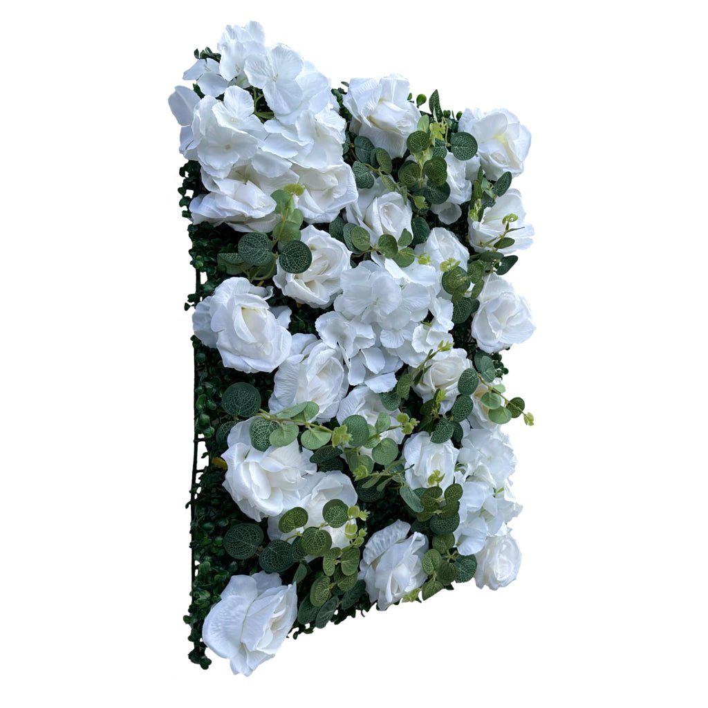 Rectangular white flower mat with roses, hydrangea blooms, and green leaves