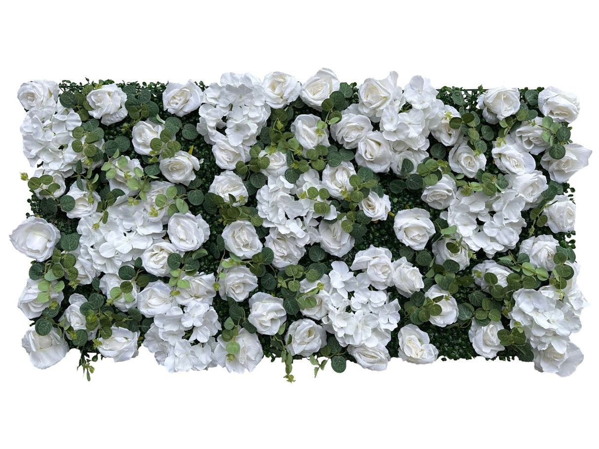 White rose and hydrangea flower mat with dense green leaf accents, 40x60 cm