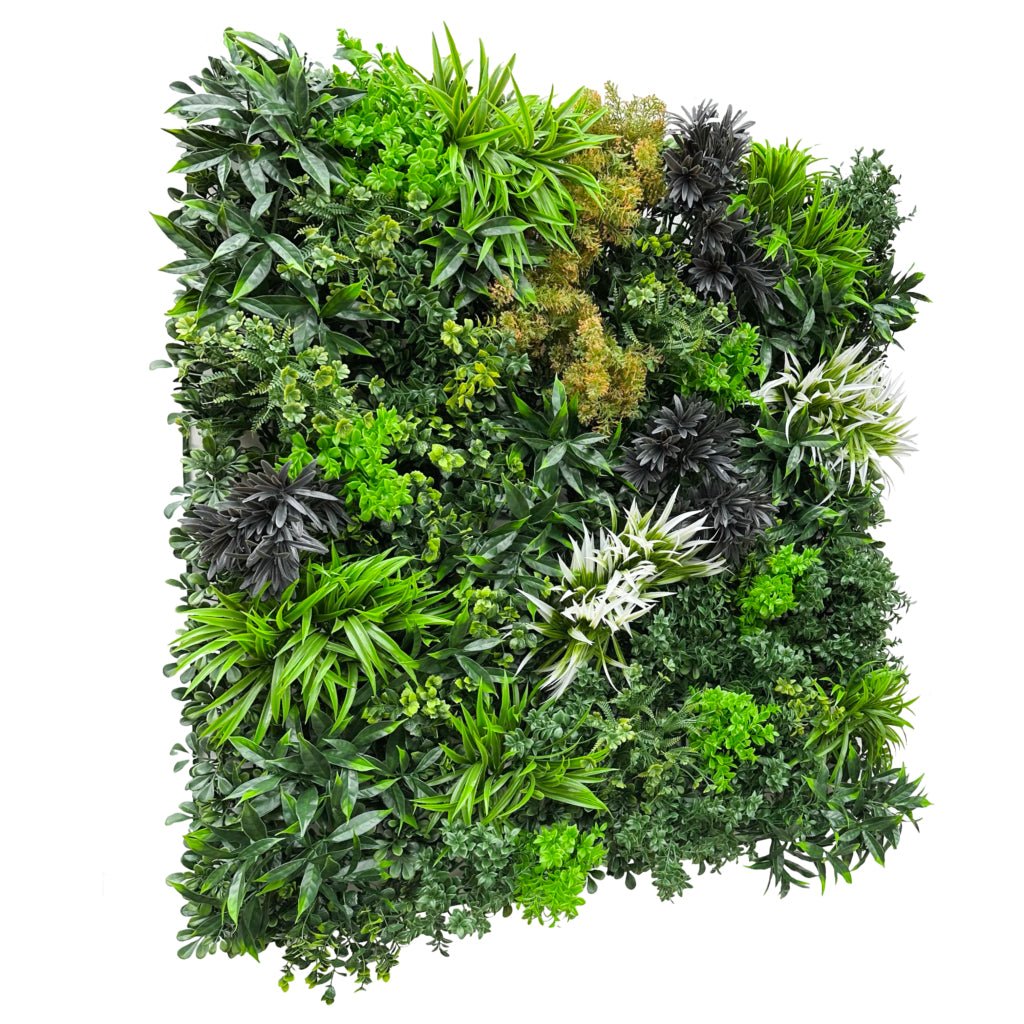 Artificial green wall panel with dense faux greenery and dark accent foliage