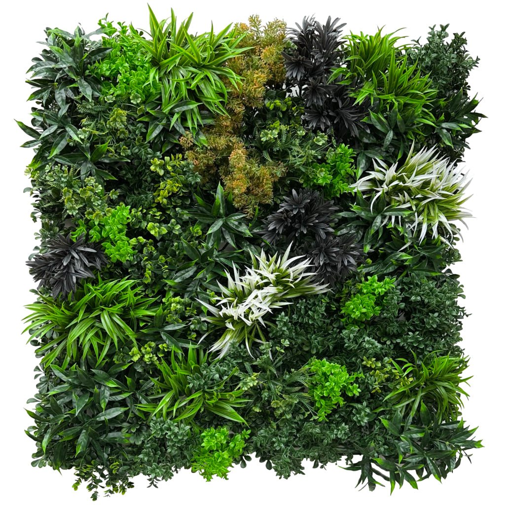 Artificial green wall panel with dense faux foliage in green, dark and white leaves
