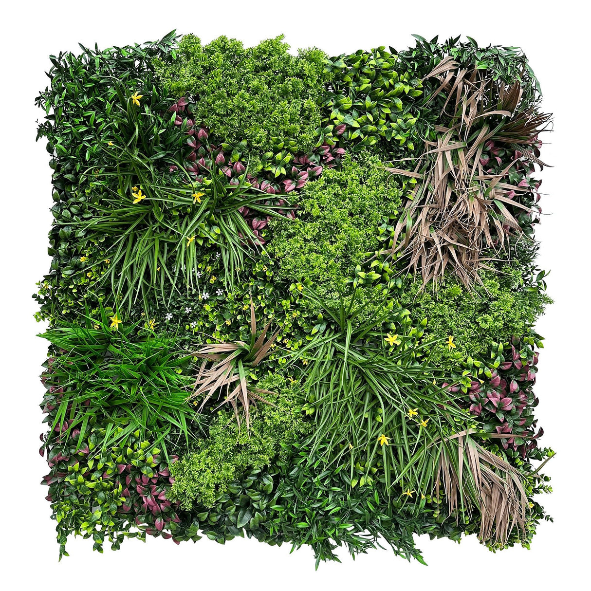 Artificial foliage wall panel, dense green leaves with yellow flowers and grasses