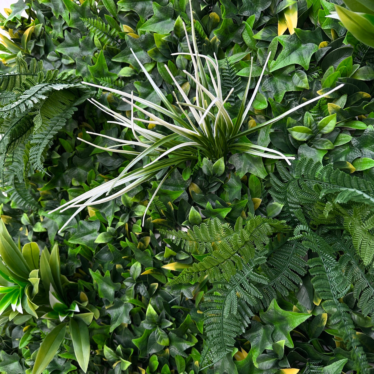 Artificial green wall panel with variegated foliage ivy palms white tipped grasses and ferns 100x100 cm
