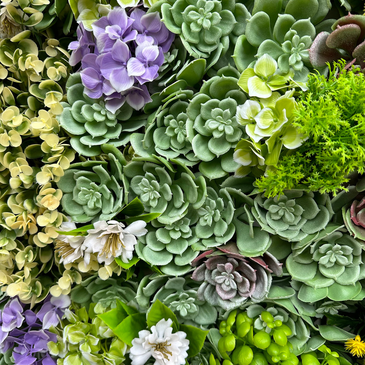 Artificial succulent green wall panel with pink and yellow flowers 100x100 cm