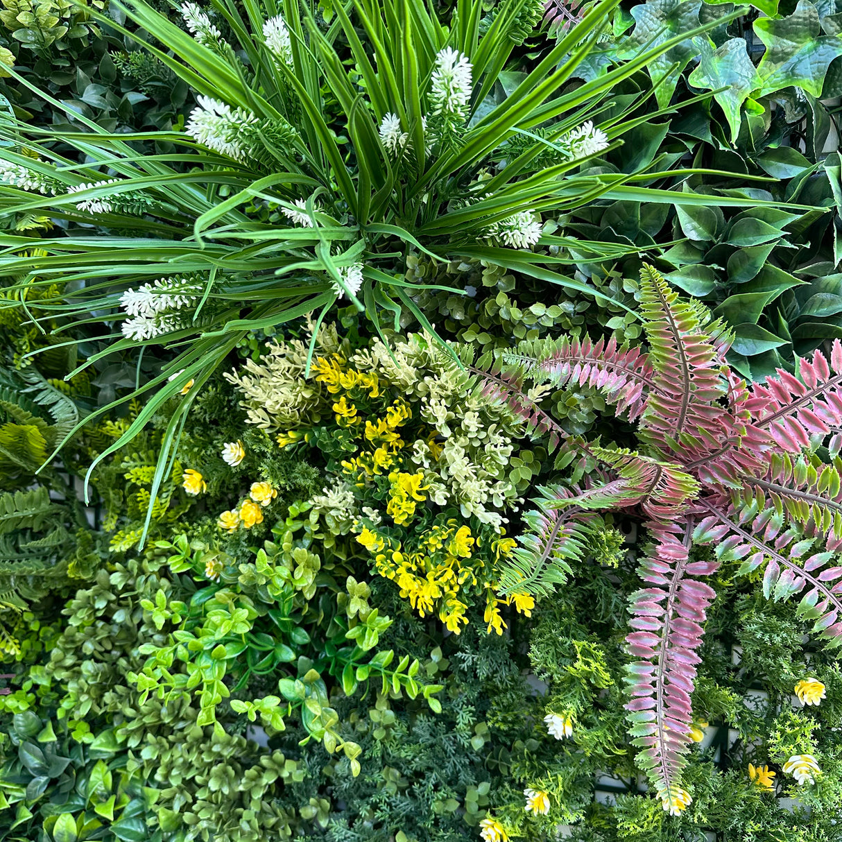 Combo of 3 x 1m2 artificial green wall panel with variegated mixed green red white yellow foliage