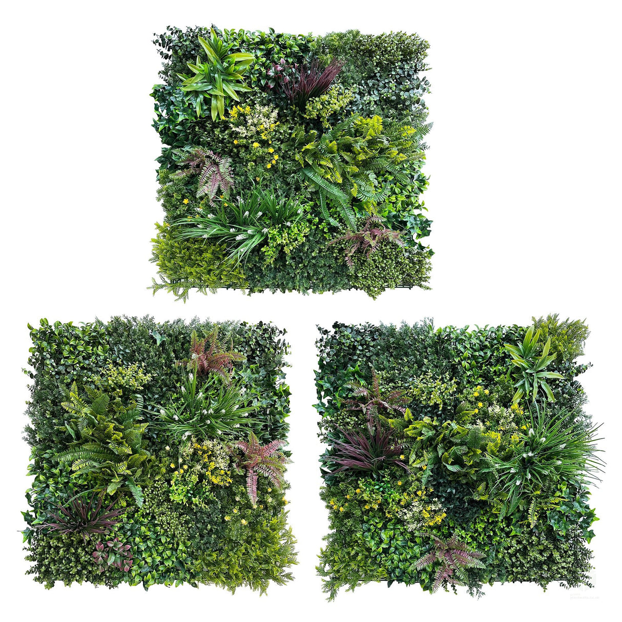 Square artificial green foliage wall panel with mixed leaves and small yellow blossoms