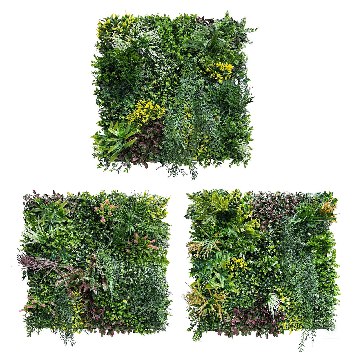 Artificial green foliage wall panel set with variegated mixed leaf clusters, 3 panels