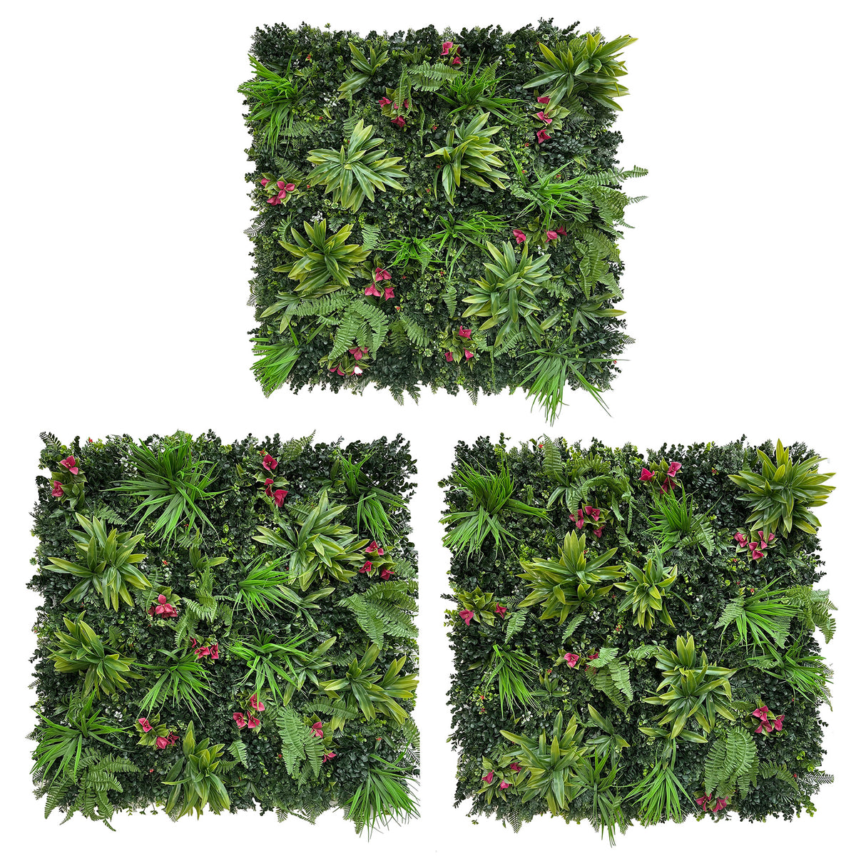 Combo of 3 x artificial green wall panel with variegated green foliage & red bougainvilleas 100x100 cm