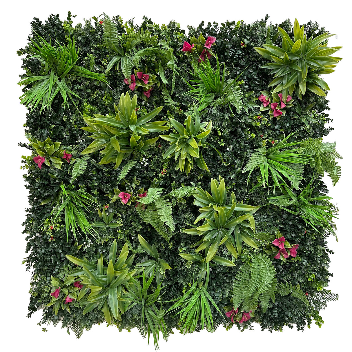 Combo of 3 x artificial green wall panel with variegated green foliage & red bougainvilleas 100x100 cm