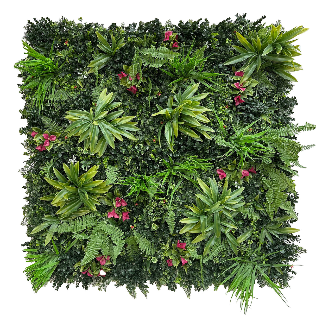 Combo of 3 x artificial green wall panel with variegated green foliage & red bougainvilleas 100x100 cm