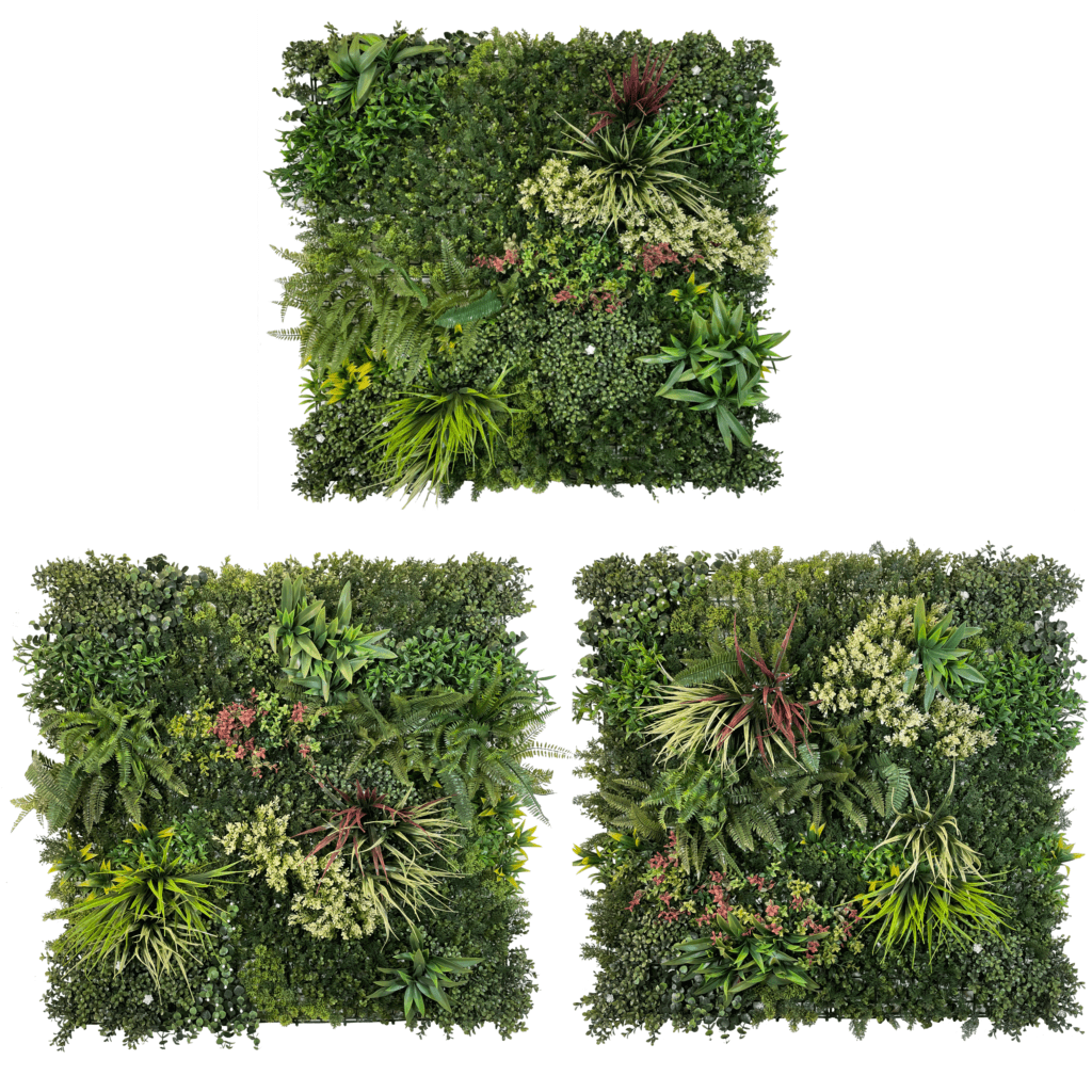 Artificial green foliage wall panels with layered leaves and white and red accents