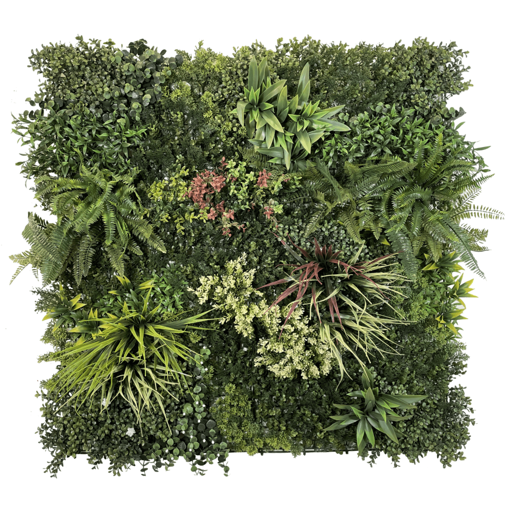 Artificial green wall panel with dense foliage, fern-like fronds, and cream white blooms