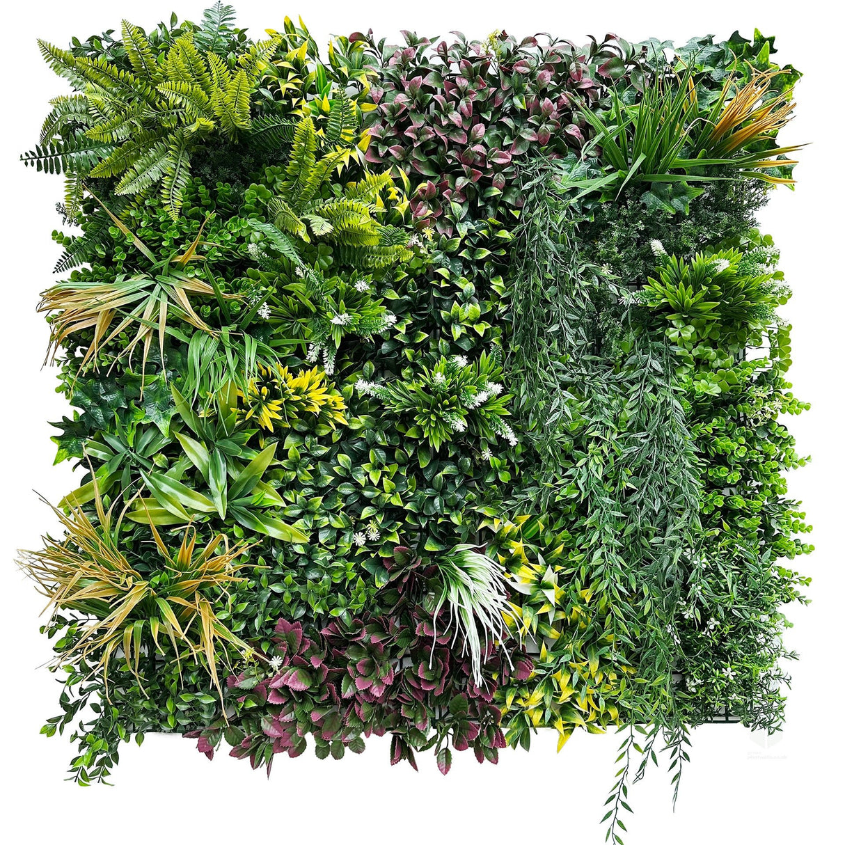 Artificial foliage wall panel with dense variegated mixed green, red, white, yellow leaves