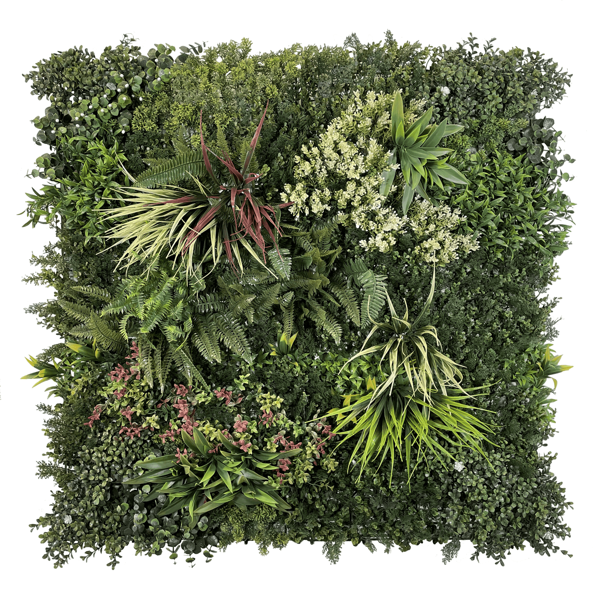 Artificial green wall panel with dense foliage, spiky leaves, and pale cream blooms