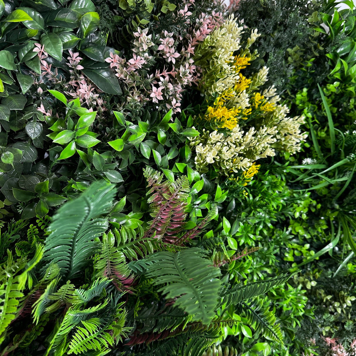 Combo B panel - Artificial green wall panels with mixed green pink white yellow foliage