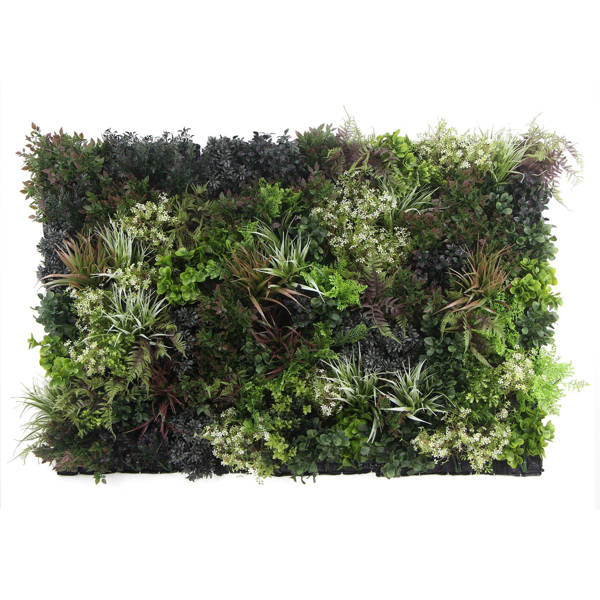 Artificial plant wall panel with dense green and dark leaves, white blossoms, rectangular