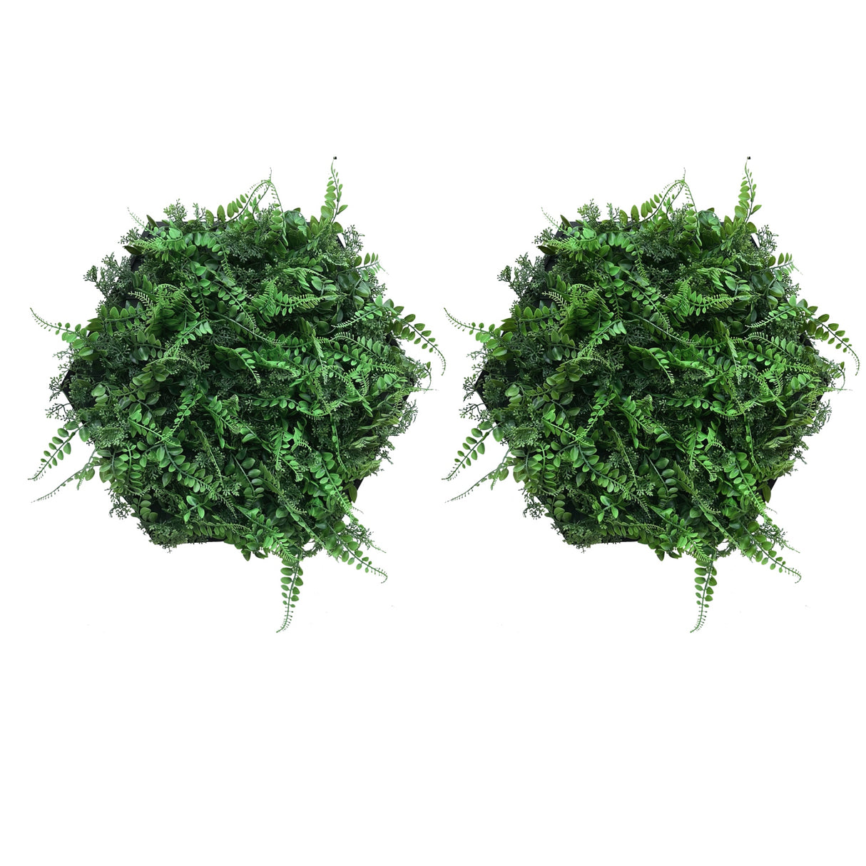 Artificial mixed green foliage in a hexagon aluminium frame x 2