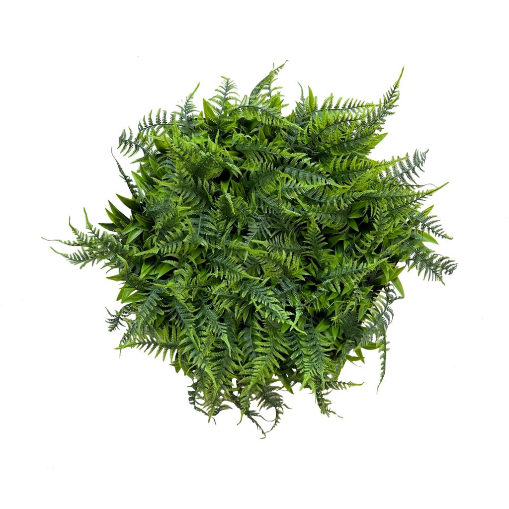 Artificial green fern foliage insert in hexagonal aluminium frame, full front view.