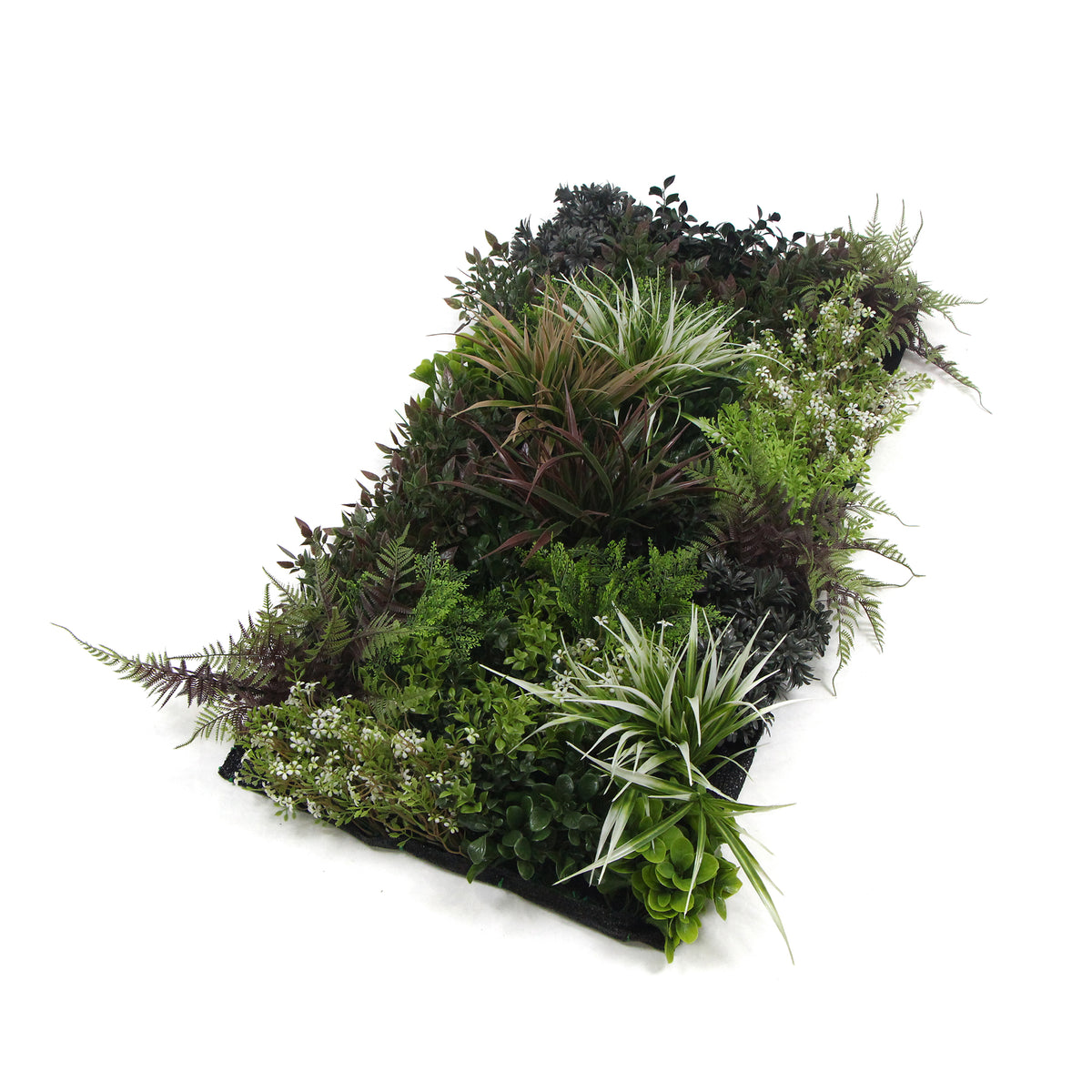 Artificial 3D plant wall panel with mixed green, dark foliage, and maroon highlights