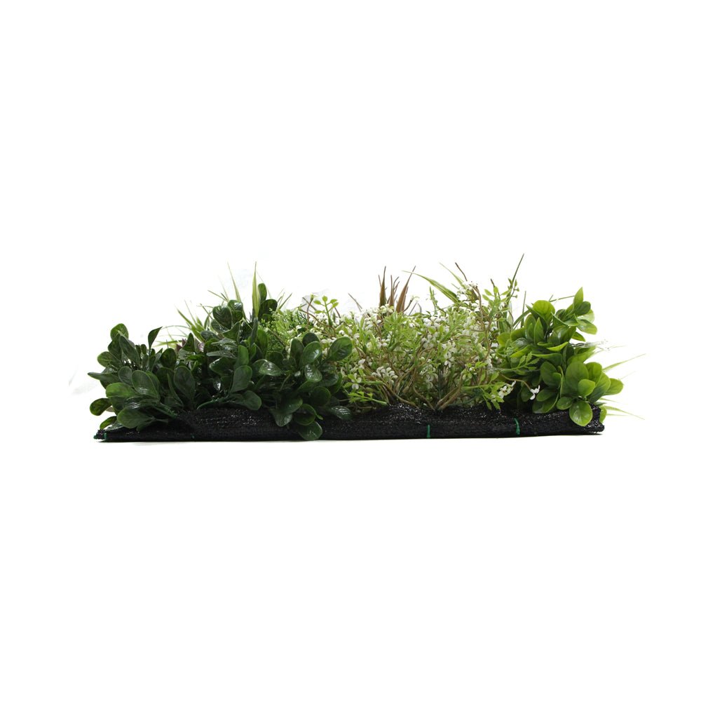 Artificial plant wall panel with low profile green foliage and black backing strip