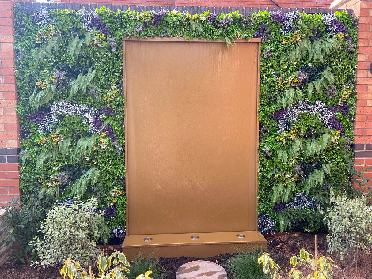 Artificial green wall 1m2 panel with mixed green, white and purple plants