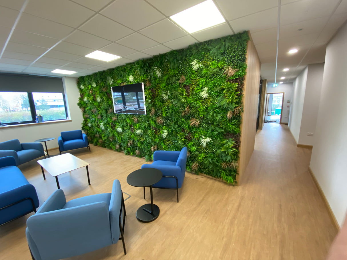 Artificial green wall panel with mixed green, purple, red foliage,white flowers 100x100 cm