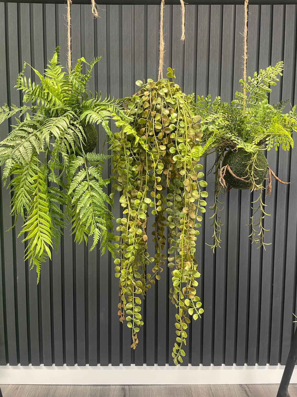 Set of 3 x artificial trailing fern kokedama