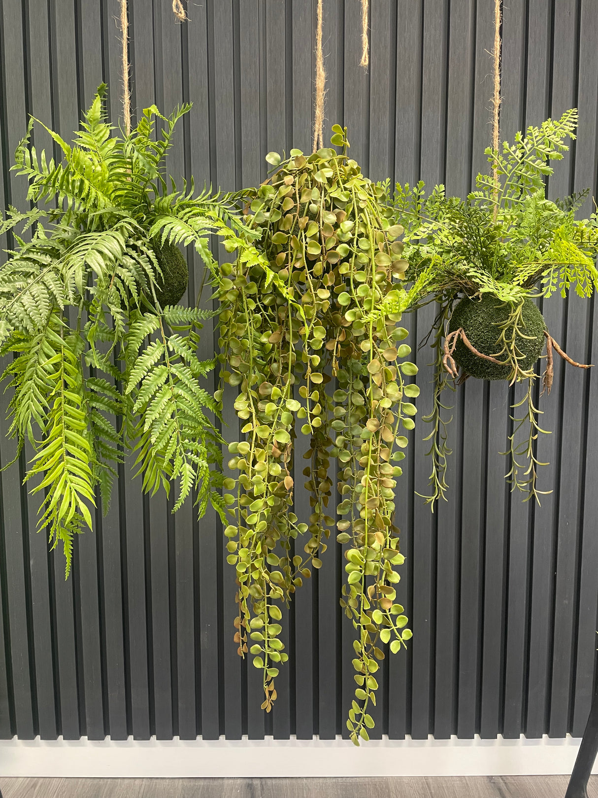 Set of 3 x artificial trailing fern kokedama