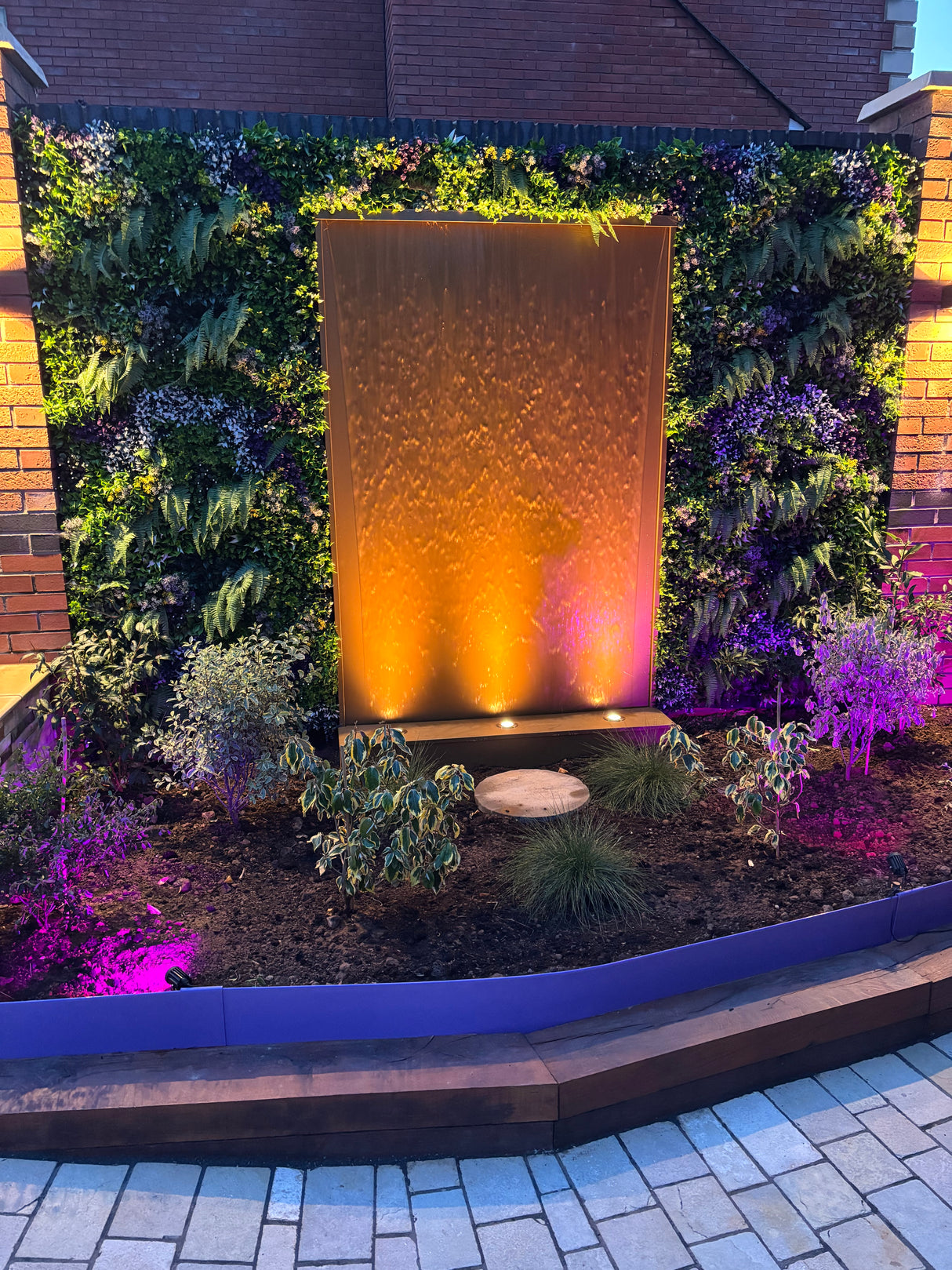 Artificial green wall 1m2 panel with mixed green, white and purple plants