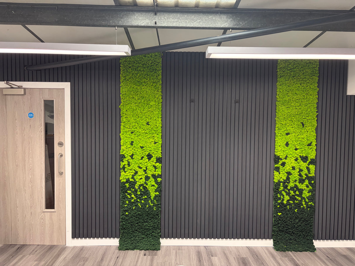 Preserved reindeer moss vertical panels, lime green centers with dark green edges.