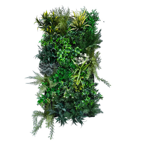 Artificial 3D plant wall with lush dark and light green foliage, yellows and whites 100x50cm