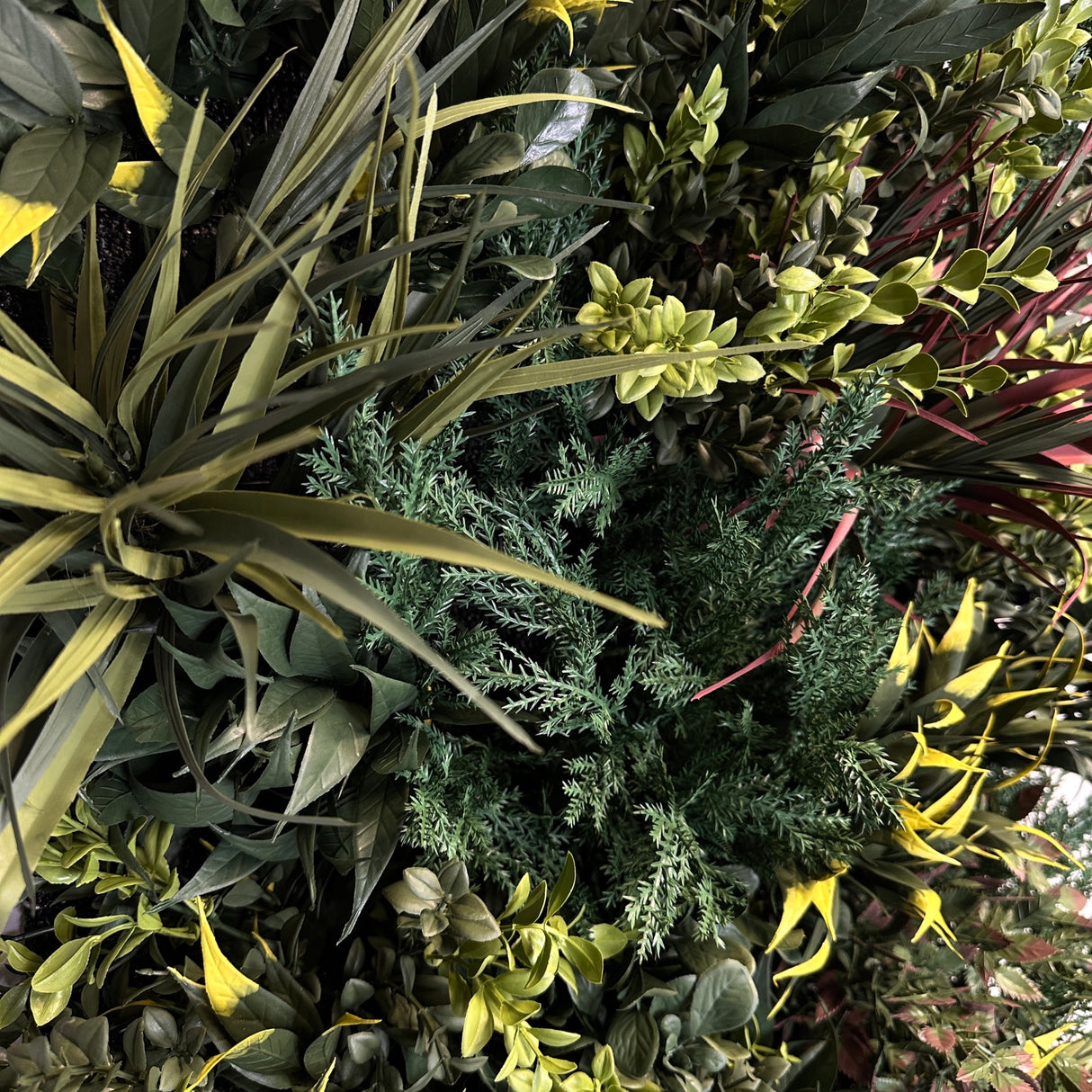 Ultra realistic FR artificial green wall with green yellow red purple and white foliage 100x50cm panel PW38FRC