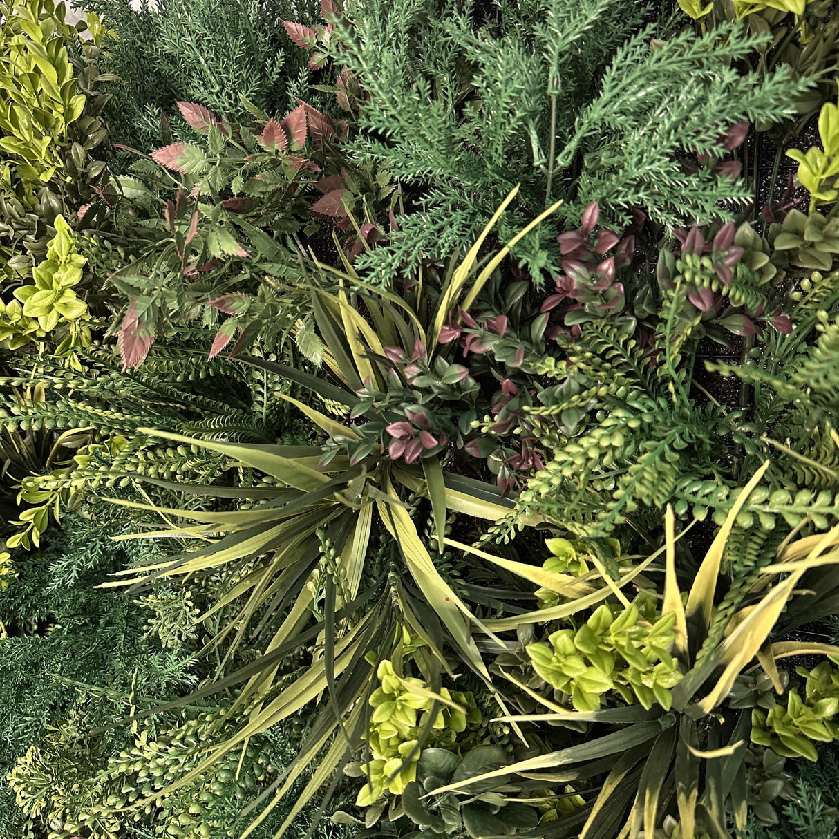 Ultra realistic FR artificial green wall with green yellow red purple and white foliage 100x100cm panel PW38BFR100