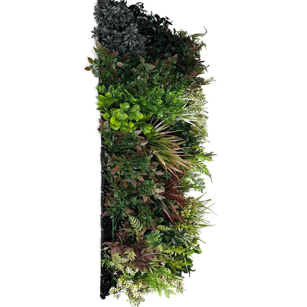 Artificial plant wall panel vertical view with assorted green and maroon faux leaves