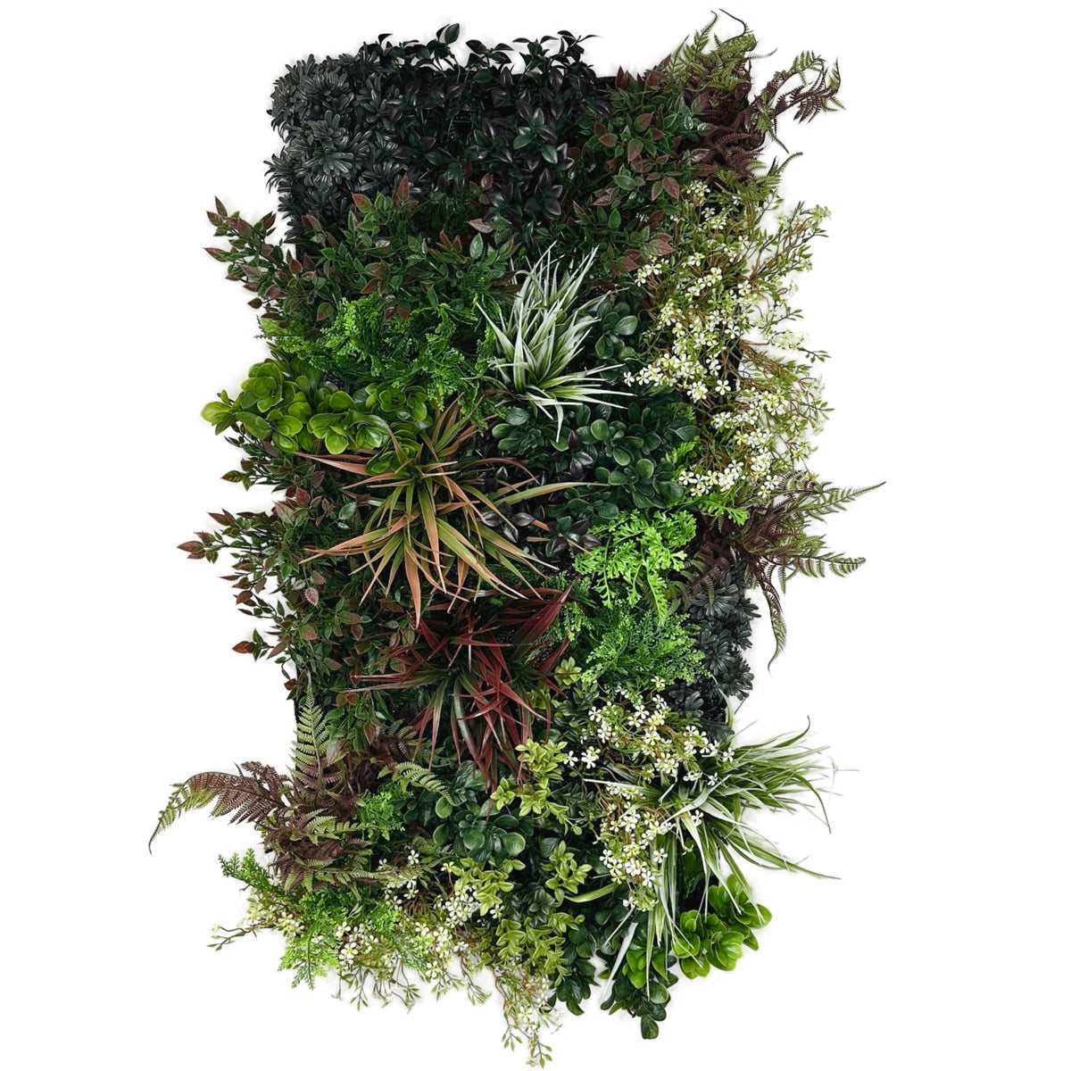 Artificial 3D plant wall panel with mixed greens, maroon leaves, and small white blooms