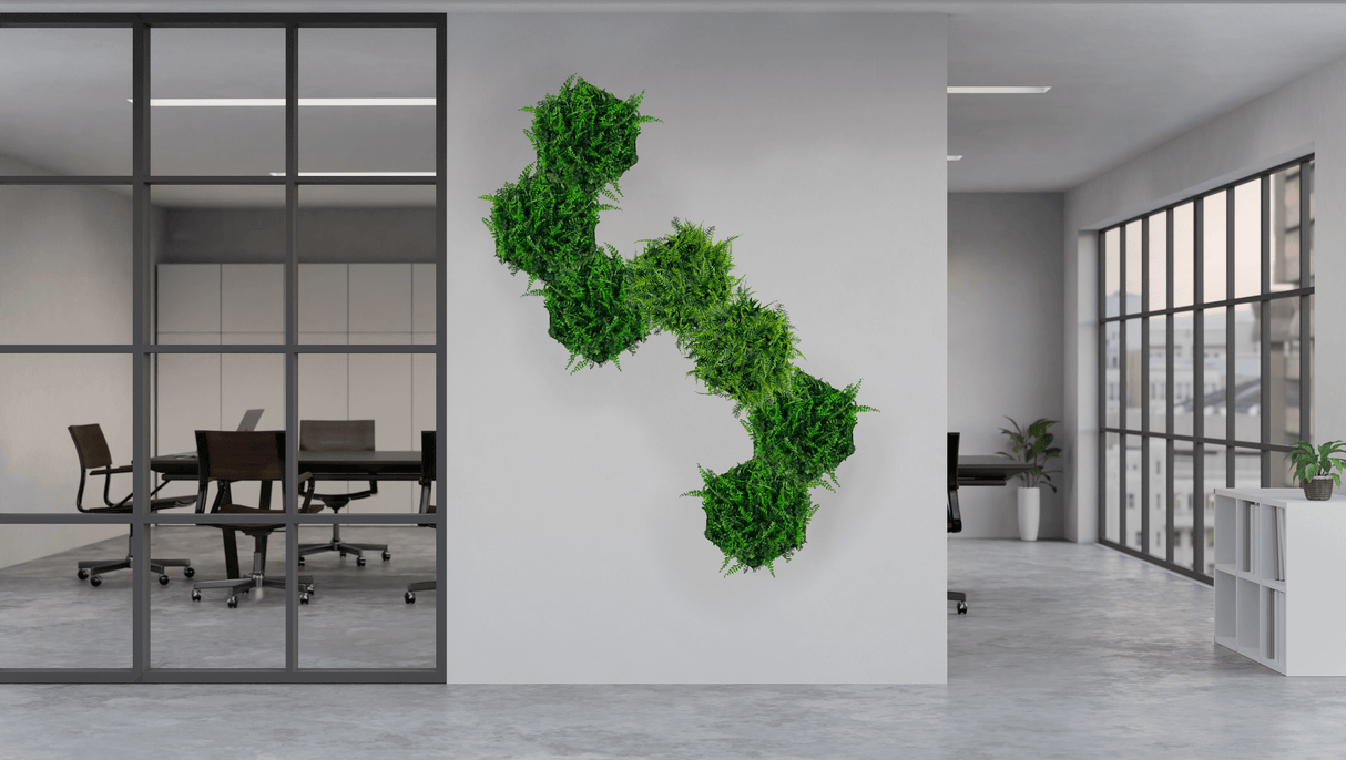 Green hexagonal foliage wall panels, artificial moss texture, mounted on wall.