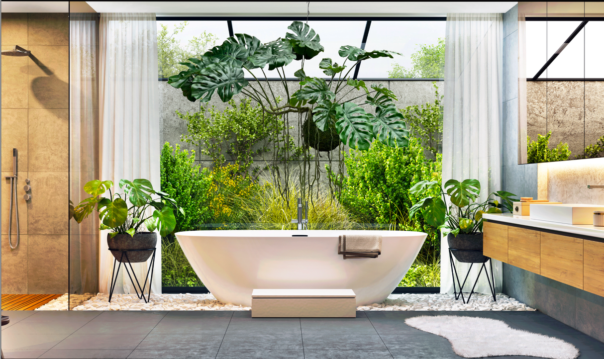 Artificial hanging monstera kokedama with green leaves and dangling moss roots