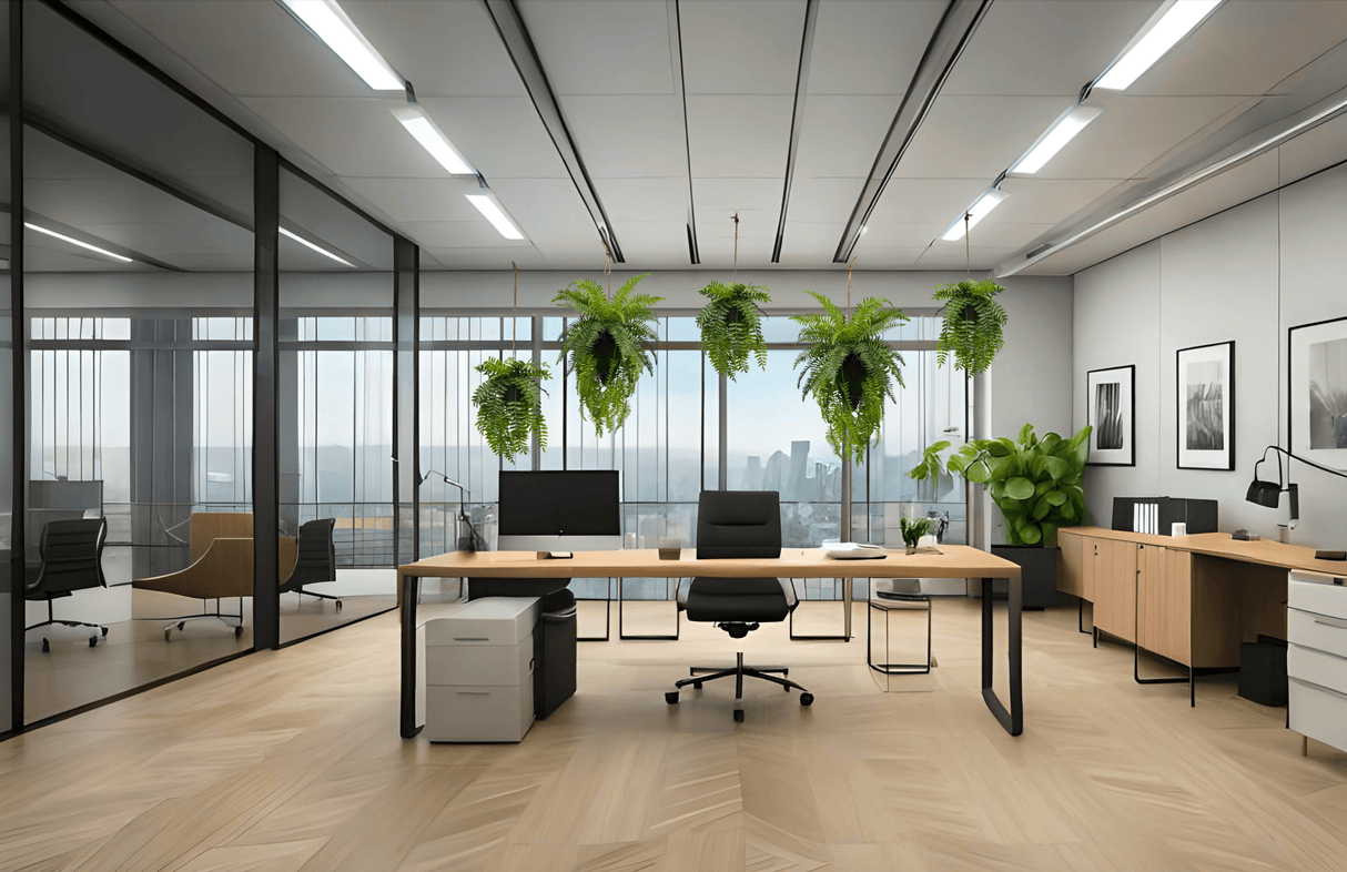 Artificial trailing fern kokedamas hanging above desks with bright green fronds