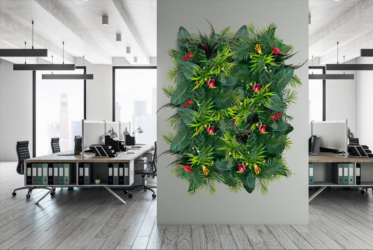 Artificial plant wall panel with lush green foliage and red-yellow bird-of-paradise accents