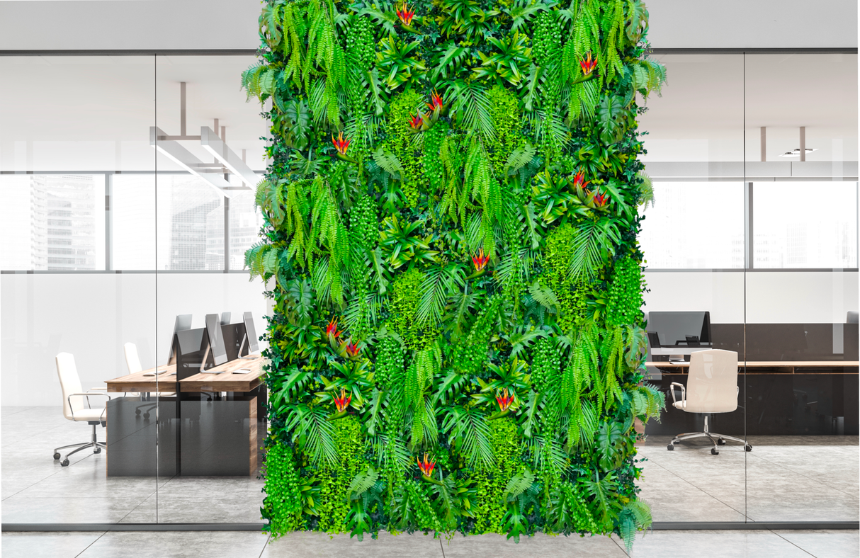 Artificial tropical plant wall panel with lush green leaves and red-orange flower accents