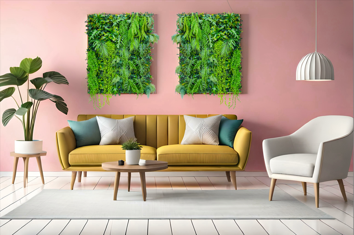 Pair of artificial tropical plant wall panels with dense green foliage and trailing vines